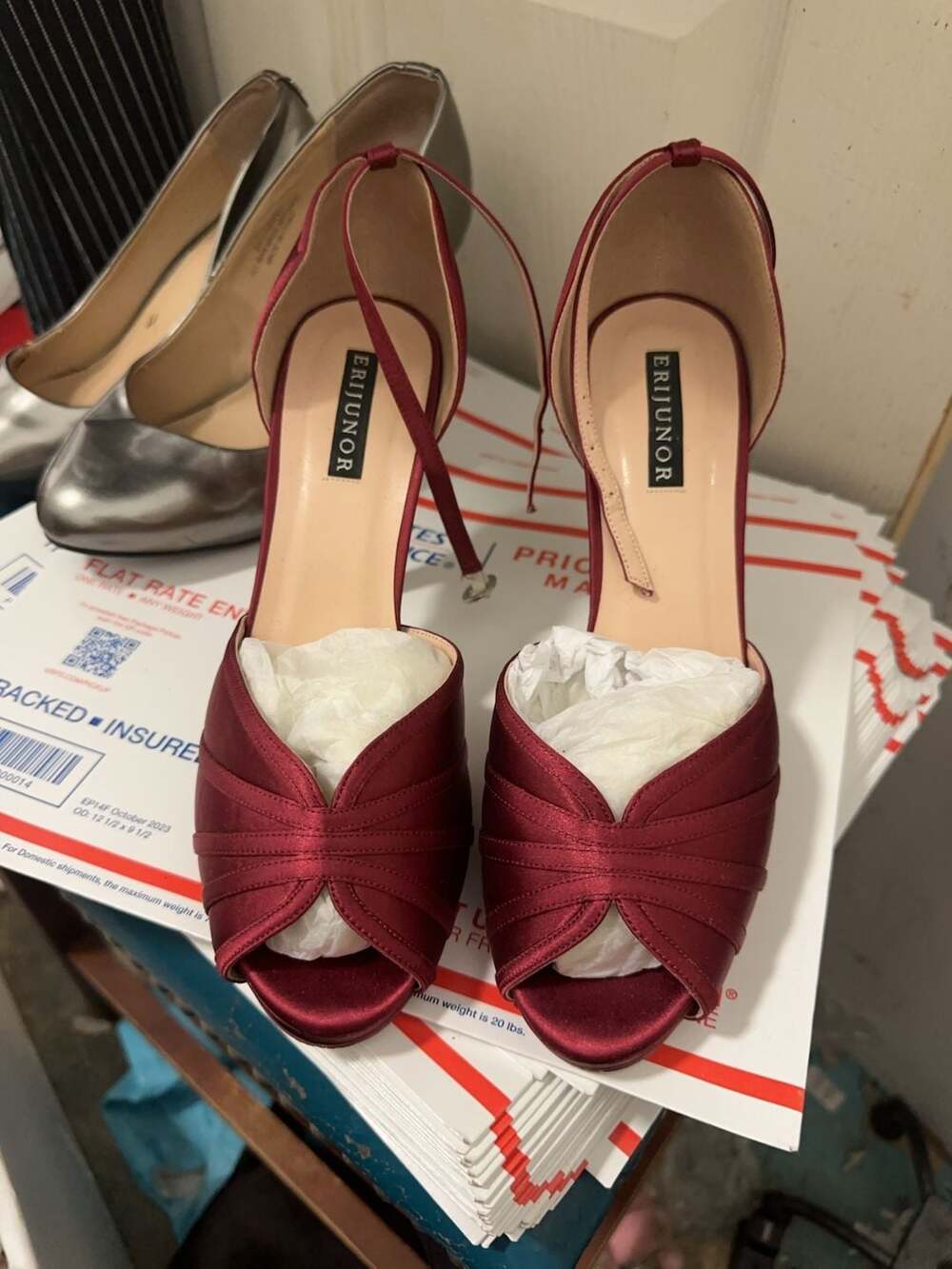 Erijunor Burgundy Satin Peep Toe Ankle Strap Heels Size 9
